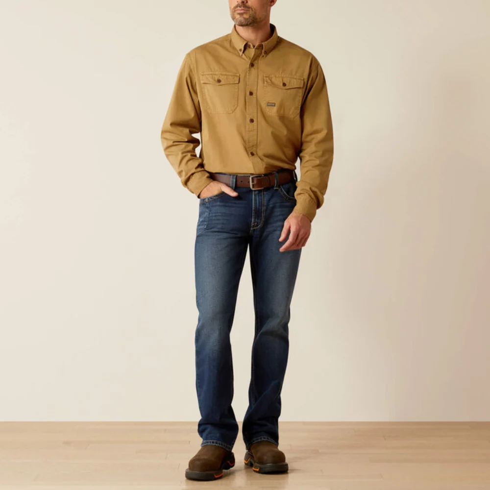 Ariat Mens Rebar Twill Work Shirt Washed Khaki - 10052940 - Image 3