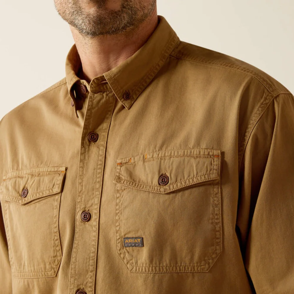 Ariat Mens Rebar Twill Work Shirt Washed Khaki - 10052940 - Image 4