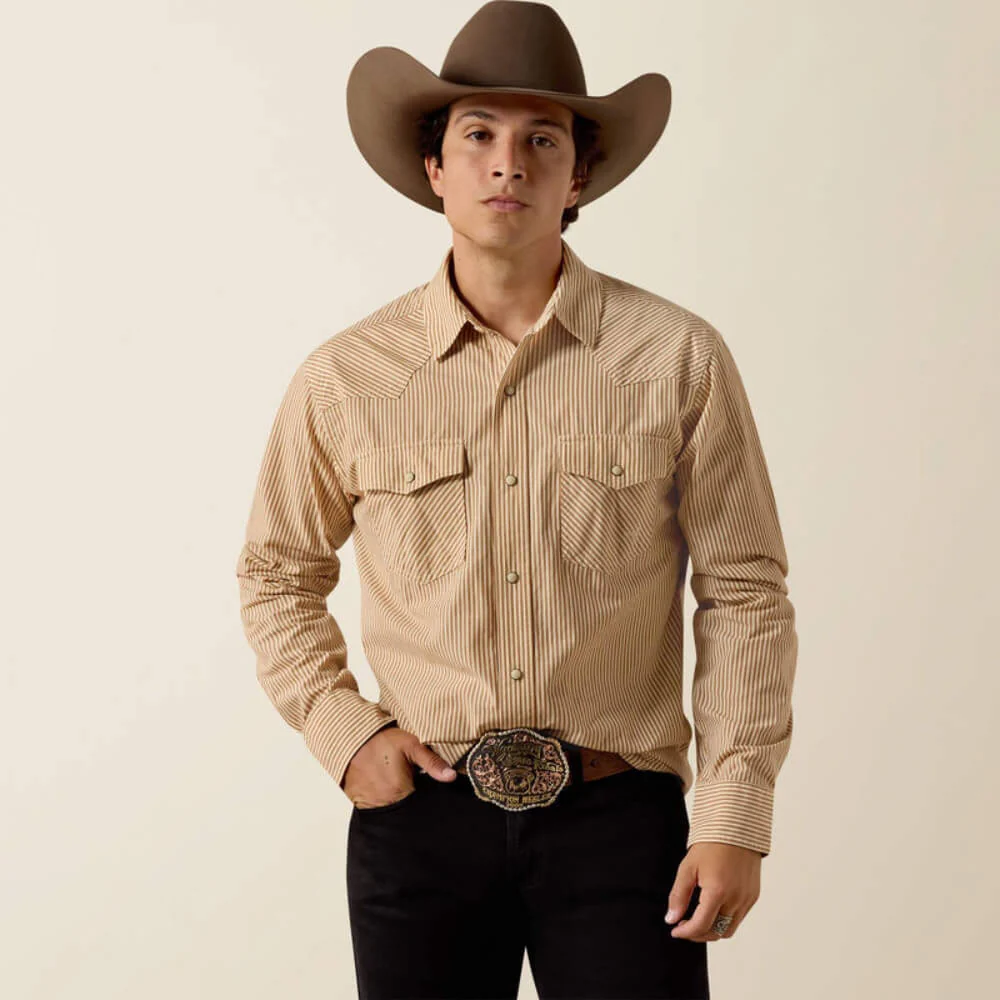Ariat Mens Retro Hyman Fitted Snap Shirt Taupe Grey Stripe - 10073581