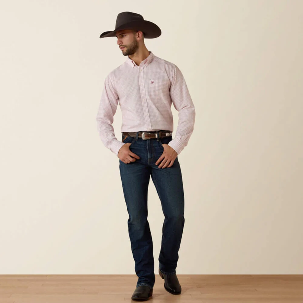 Ariat Mens Wrinkle Free Wenzel Fitted Shirt Barely Pink Plaid - 10073693 - Image 3