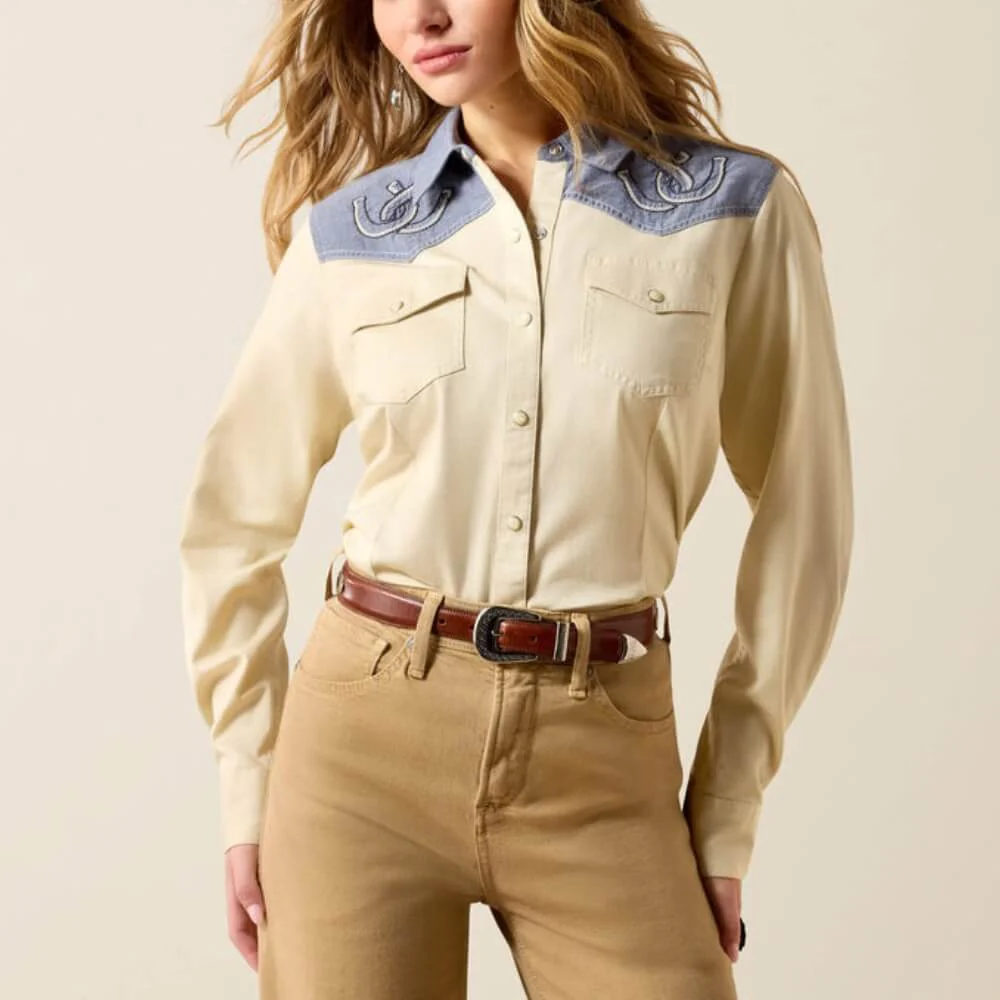 Ariat Womens Horseshoe Western Snap Shirt Summer Sand/Chambray - 10071104