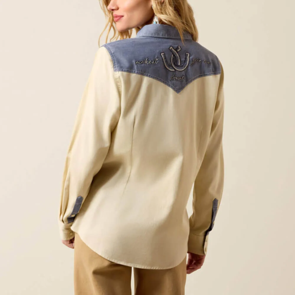 Ariat Womens Horseshoe Western Snap Shirt Summer Sand/Chambray - 10071104 - Image 2
