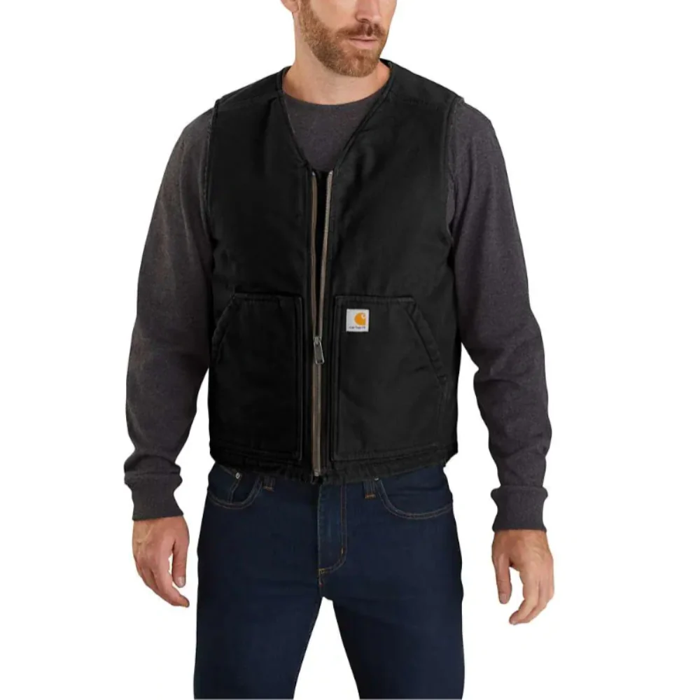 Carhartt Mens Black Relaxed Fit Washed Duck Sherpa Lined Work Vest - 104394-BLK