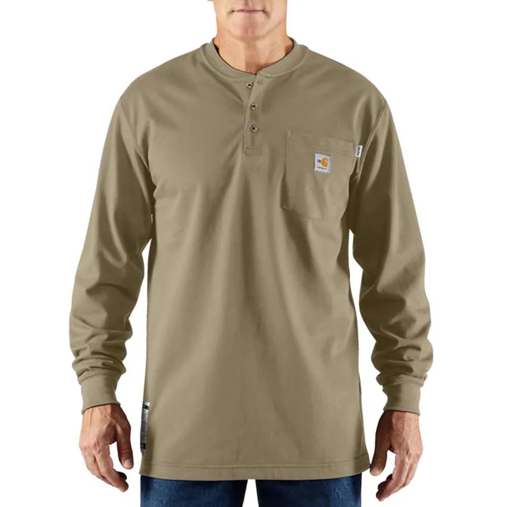 Carhartt Mens FR Force Dearborn Loose Henley Work T-Shirt Khaki - 100237-250