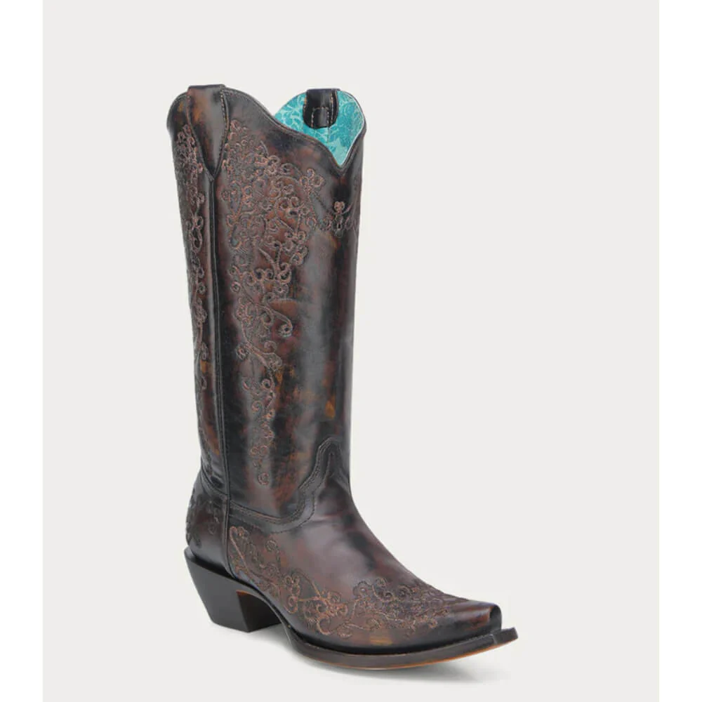 Corral Womens Western Floral Embroidery Cowboy Boots Black/Honey - A4801 - Image 2