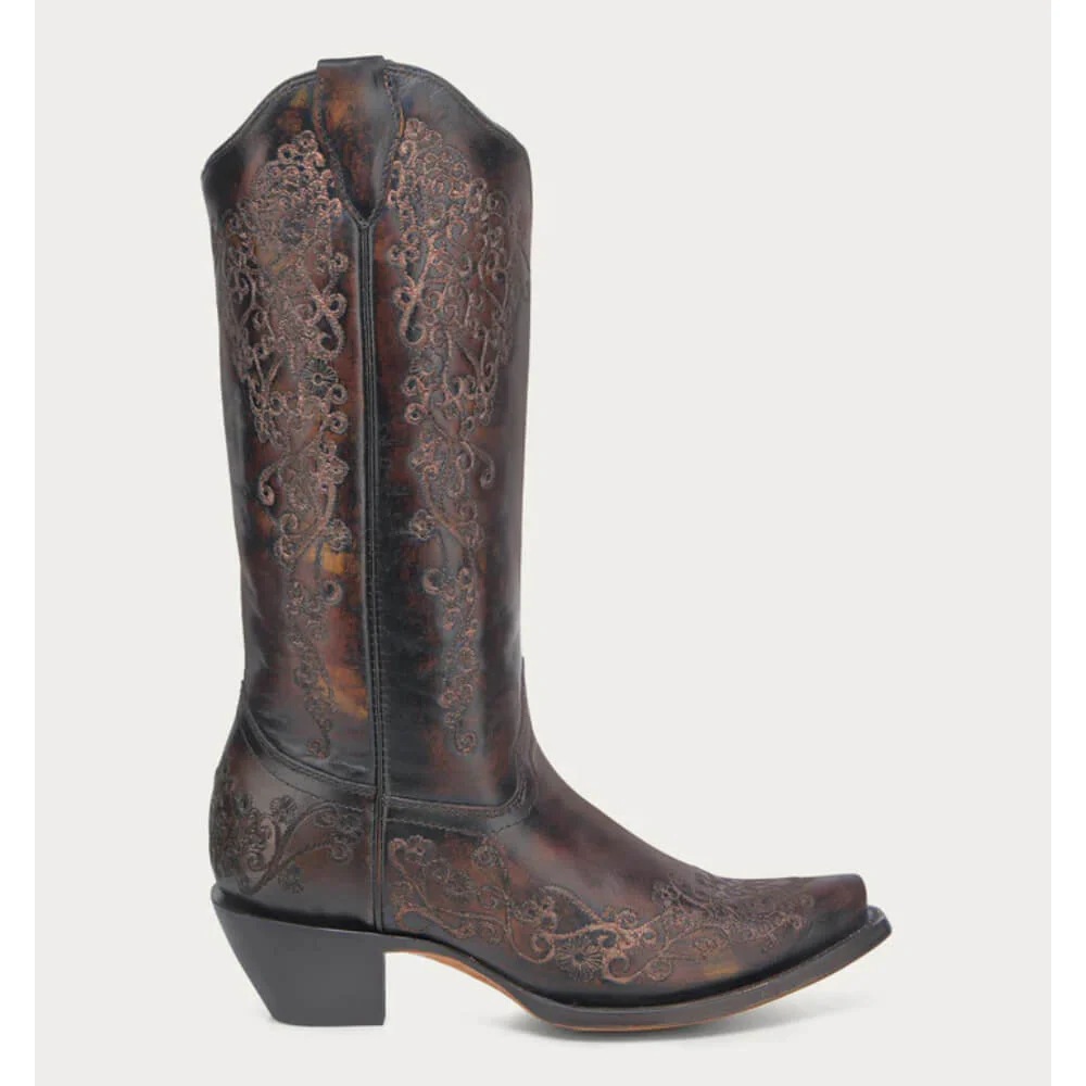 Corral Womens Western Floral Embroidery Cowboy Boots Black/Honey - A4801 - Image 3