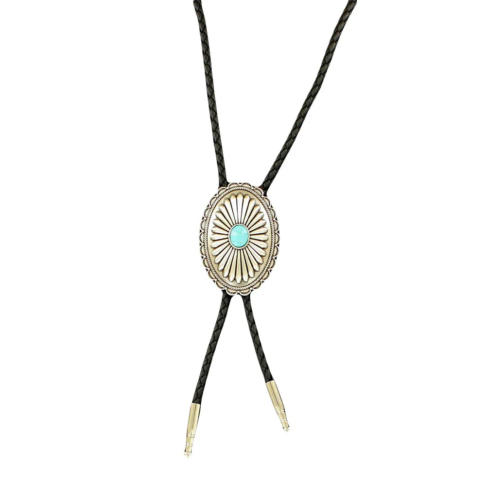 Double S Western Oval Flower Concho with Turquoise Slide Silver Bolo Tie - 22107