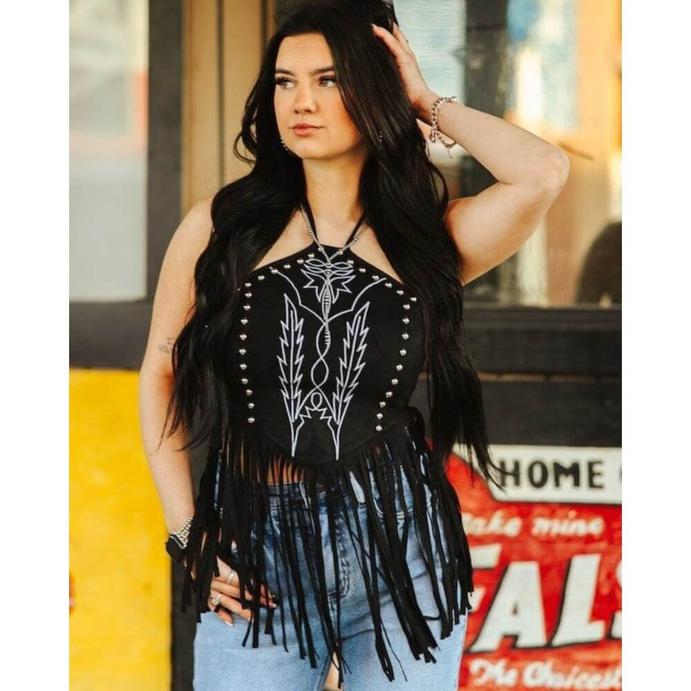 Lucky & Blessed Womens Fringed Blouse Black - TO844-BLK
