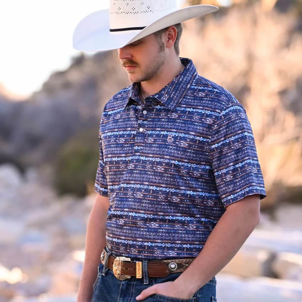 Panhandle Slim Mens Horizontal Southwestern Performance Polo Shirt Blue - TM51T08217-42