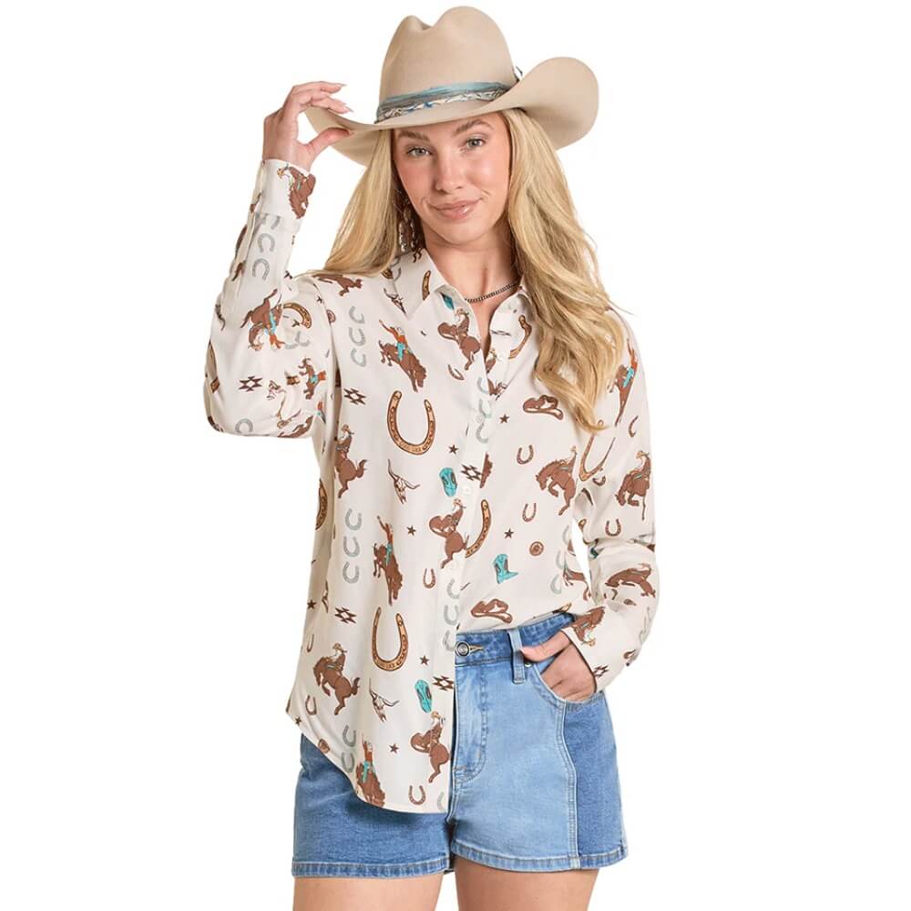 Rock & Roll Womens Printed Long Sleeve Shirt White - BWB2S08133-12