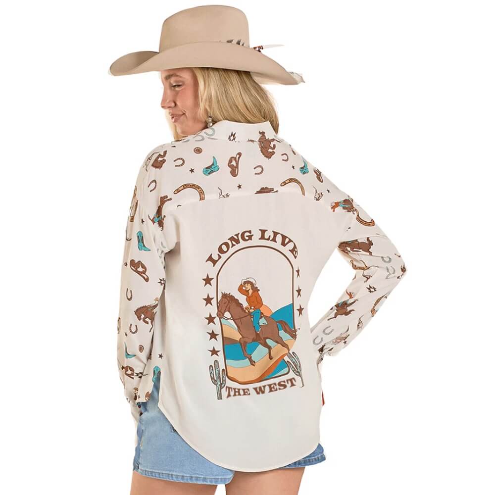 Rock & Roll Womens Printed Long Sleeve Shirt White - BWB2S08133-12 - Image 2
