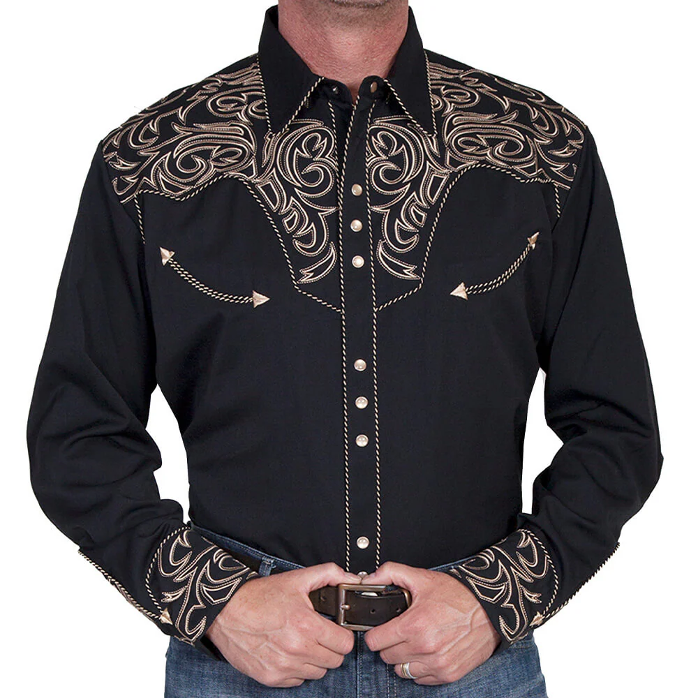 Scully Mens Long Sleeve Embroidered Scroll Pearl Snap Shirt Black - P-852