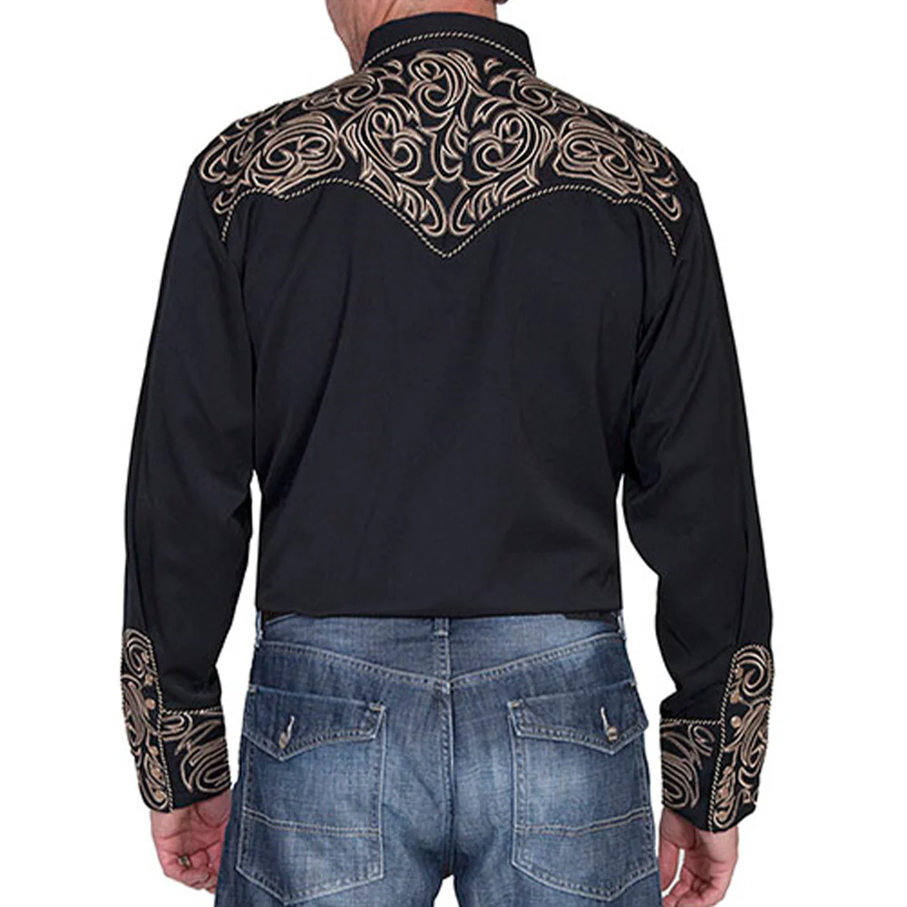 Scully Mens Long Sleeve Embroidered Scroll Pearl Snap Shirt Black - P-852 - Image 2