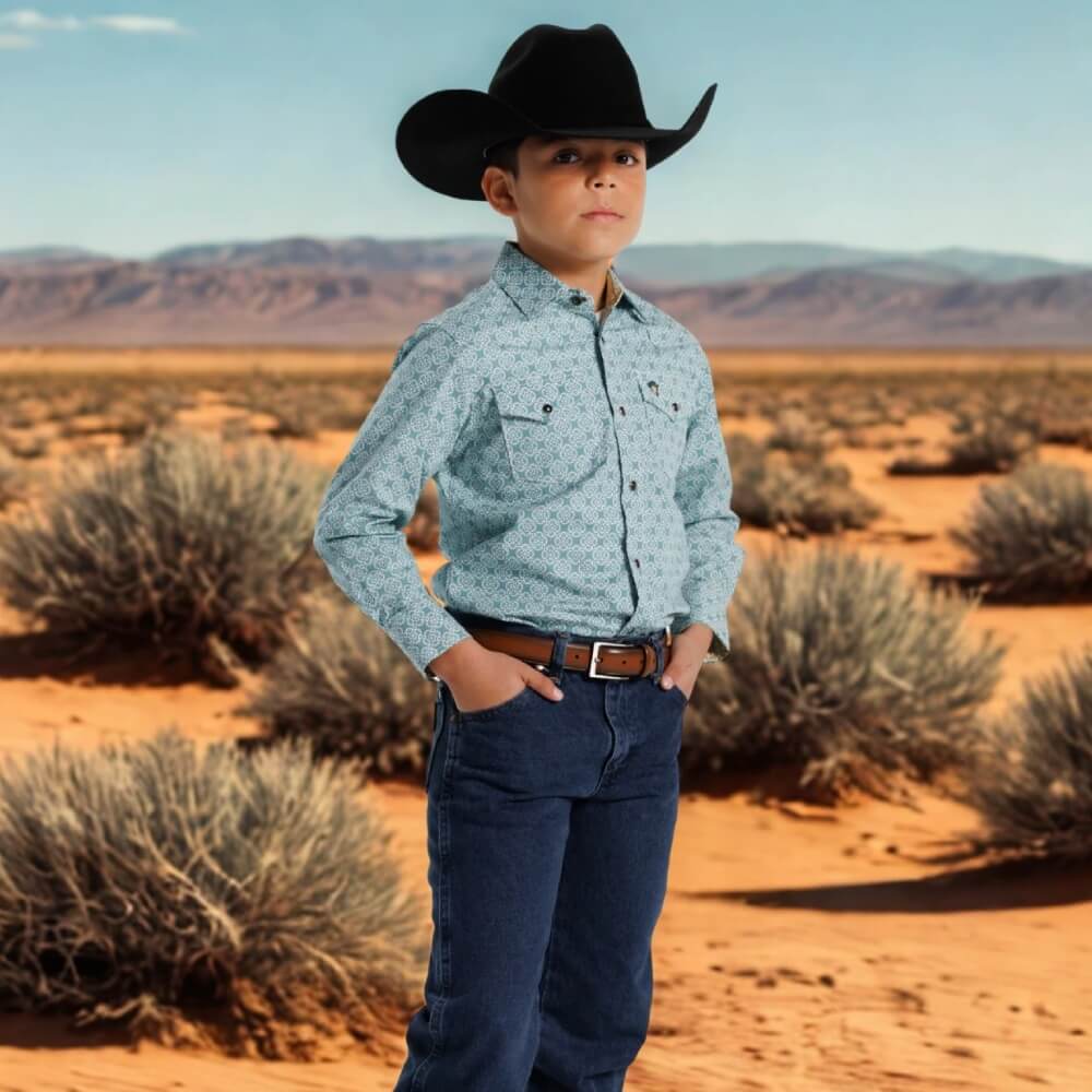 Starr Boys Printed Snap Long Sleeve Shirt Teal Geo - SWBPTSLS-409