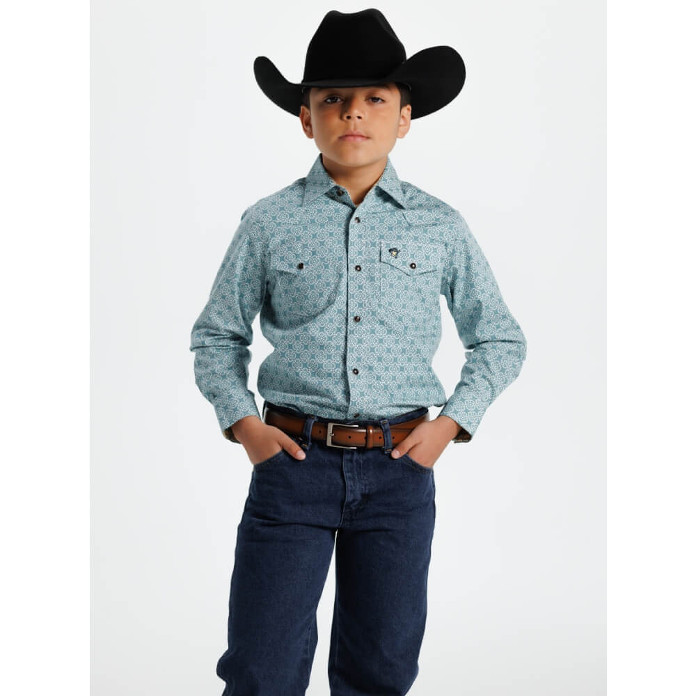 Starr Boys Printed Snap Long Sleeve Shirt Teal Geo - SWBPTSLS-409 - Image 2