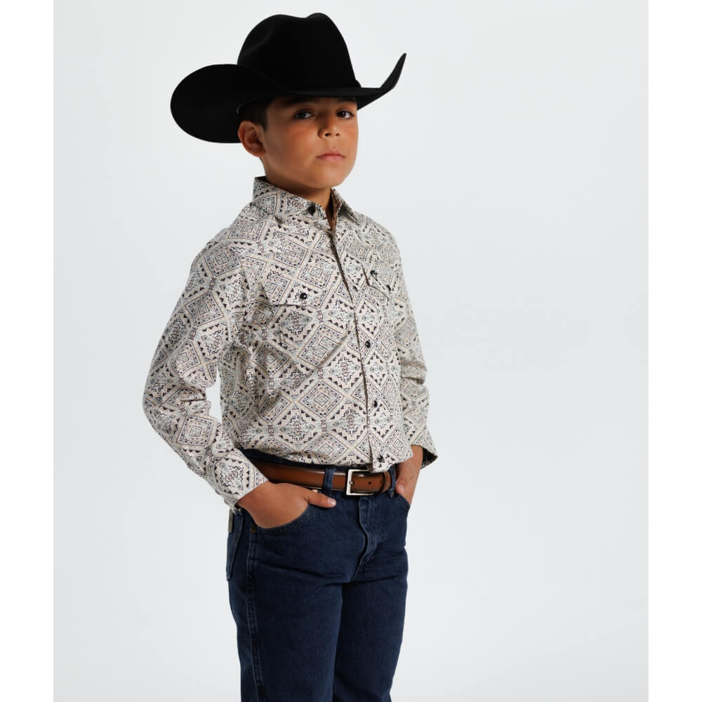 Starr Boys Printed Snap Long Sleeve Shirt White Beige Aztec - SWBPTSLS-404 - Image 2