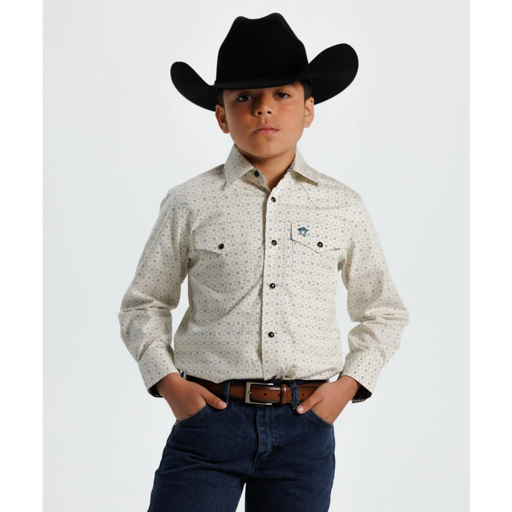 Starr Boys Printed Snap Long Sleeve Shirt White/Blue Geo - SWBPTSLS-400