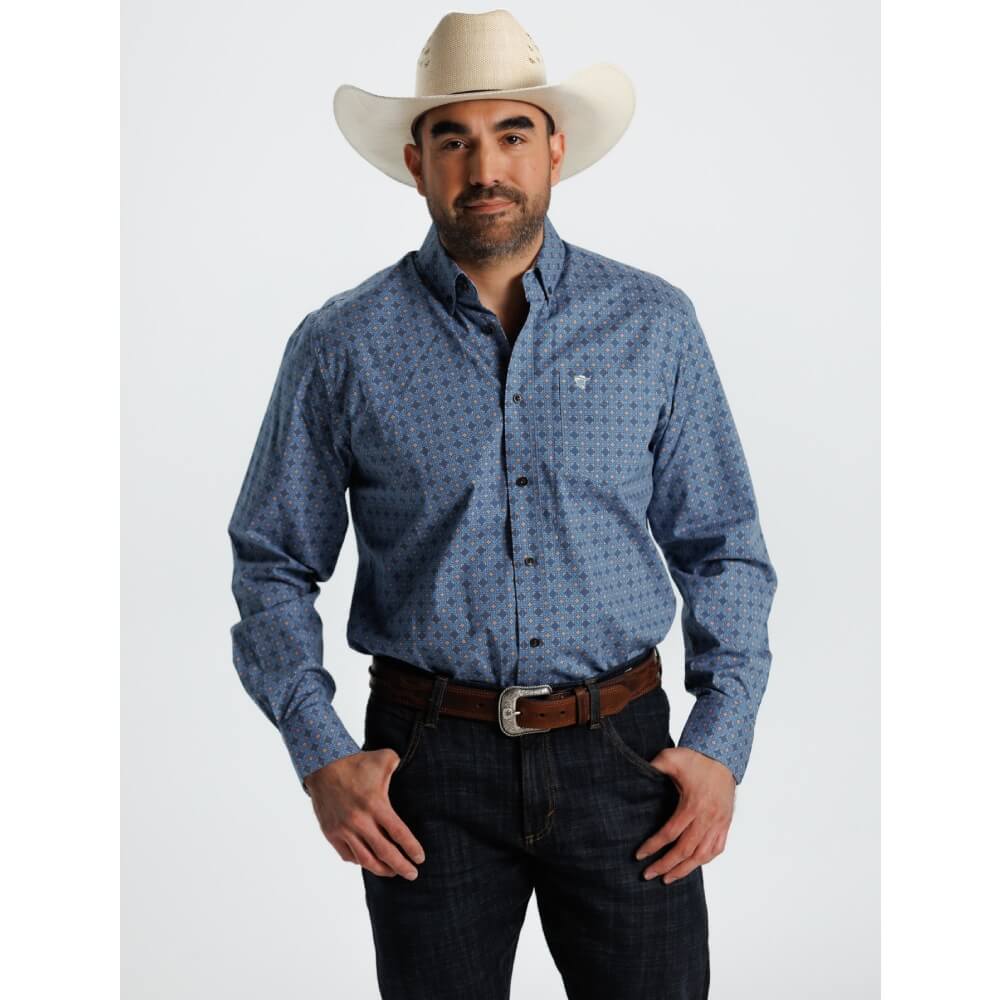 Starr Mens Printed Button Down Long Sleeve Shirt Blue/Brown Geo - SWPTBLS-402 - Image 2