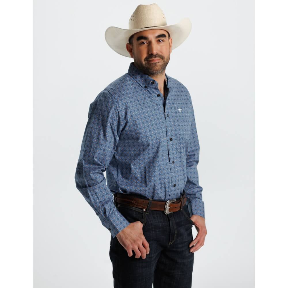 Starr Mens Printed Button Down Long Sleeve Shirt Blue/Brown Geo - SWPTBLS-402 - Image 3