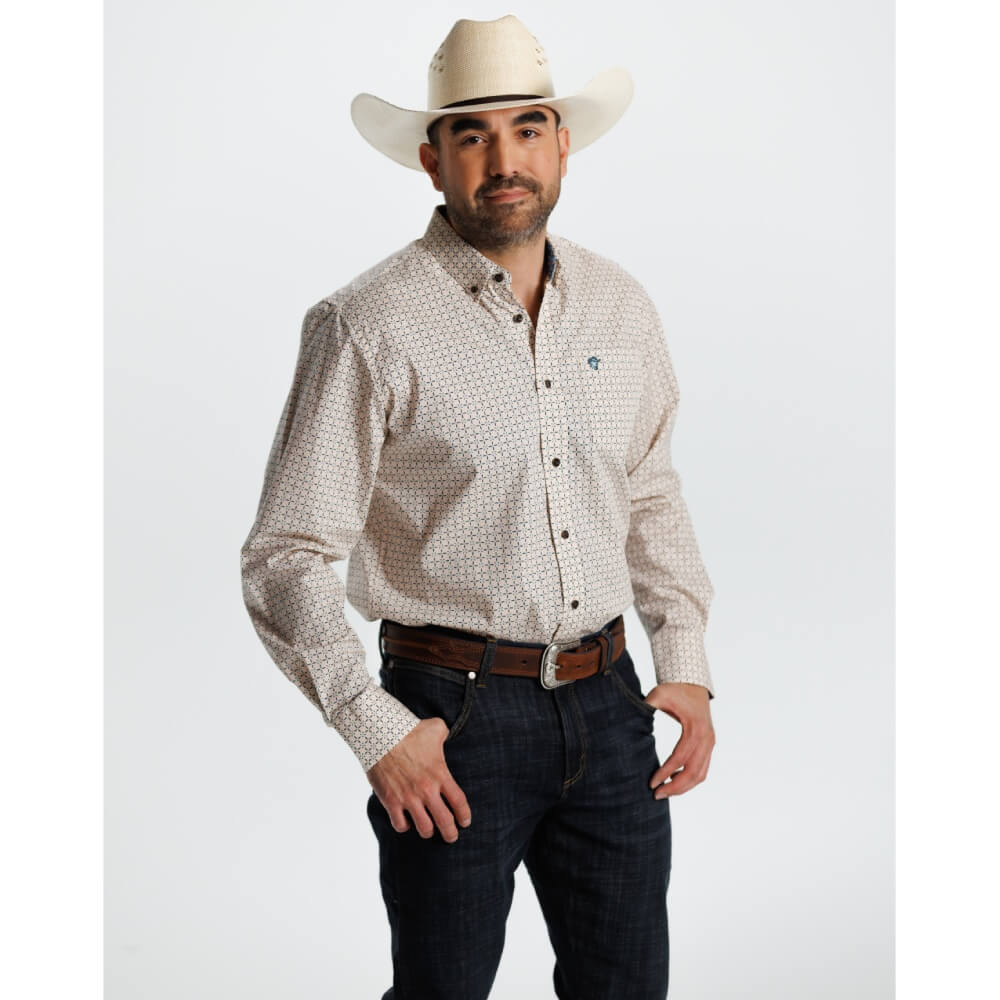 Starr Mens Printed Button Down Long Sleeve Shirt Cream Blue Geo - SWPTBLS-410 - Image 3