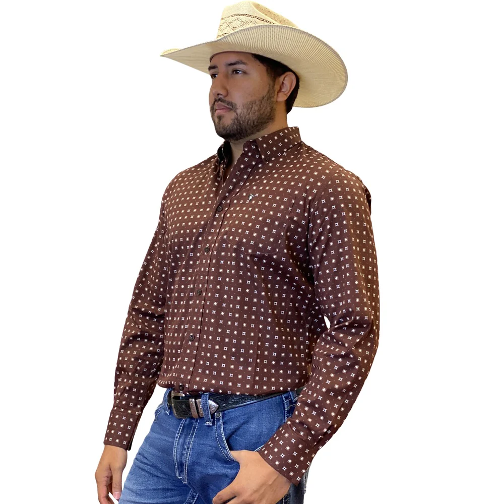 Starr Mens Printed Button Down Long Sleeve Shirt Dark Brown Geo - SWPTBLS-388 - Image 2