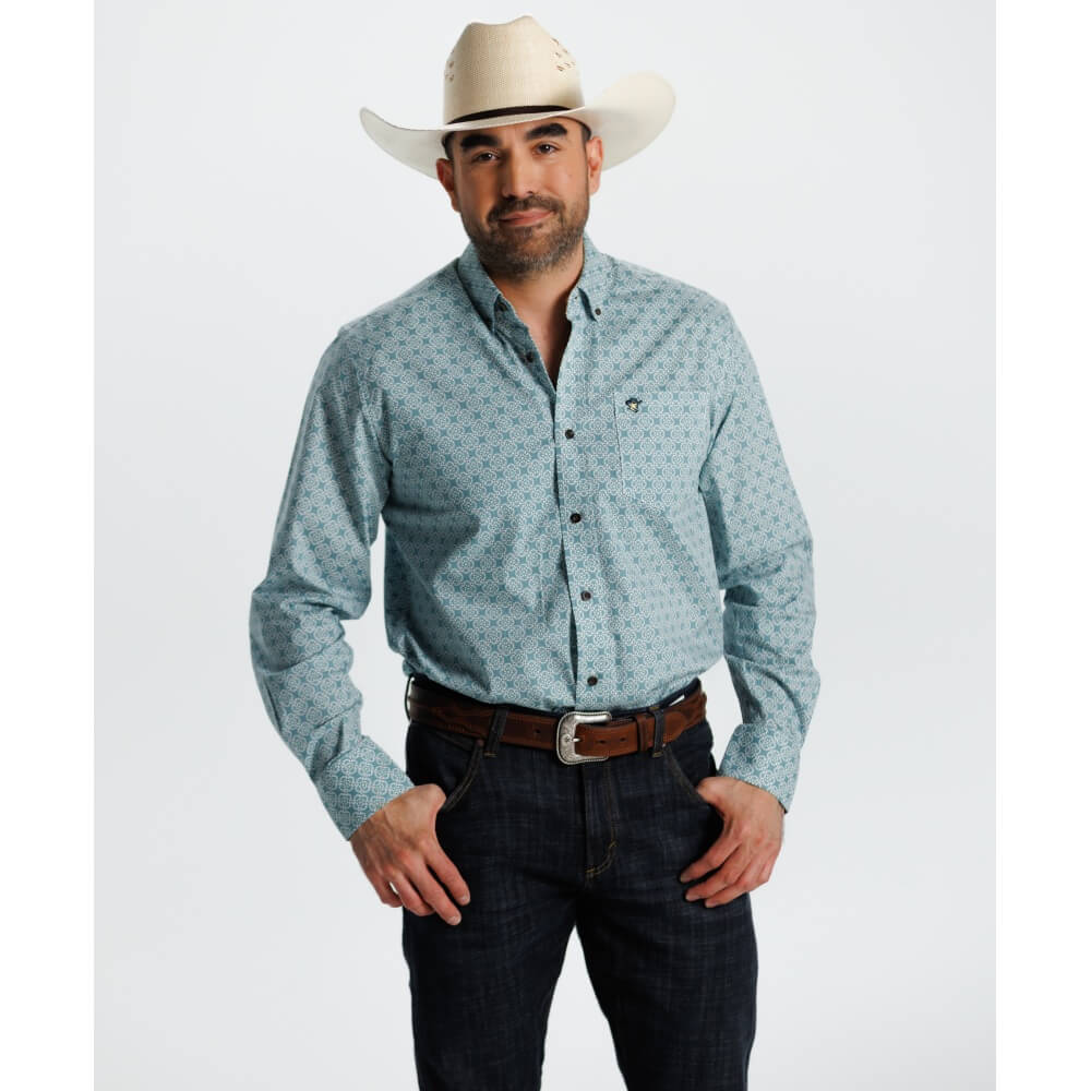 Starr Mens Printed Button Down Long Sleeve Shirt Teal Geo - SWPTBLS-409 - Image 2