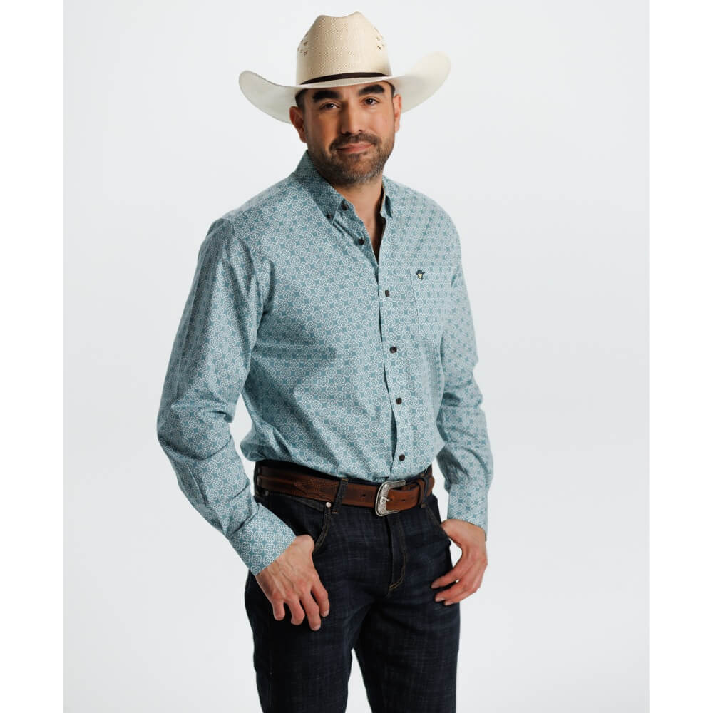 Starr Mens Printed Button Down Long Sleeve Shirt Teal Geo - SWPTBLS-409 - Image 3