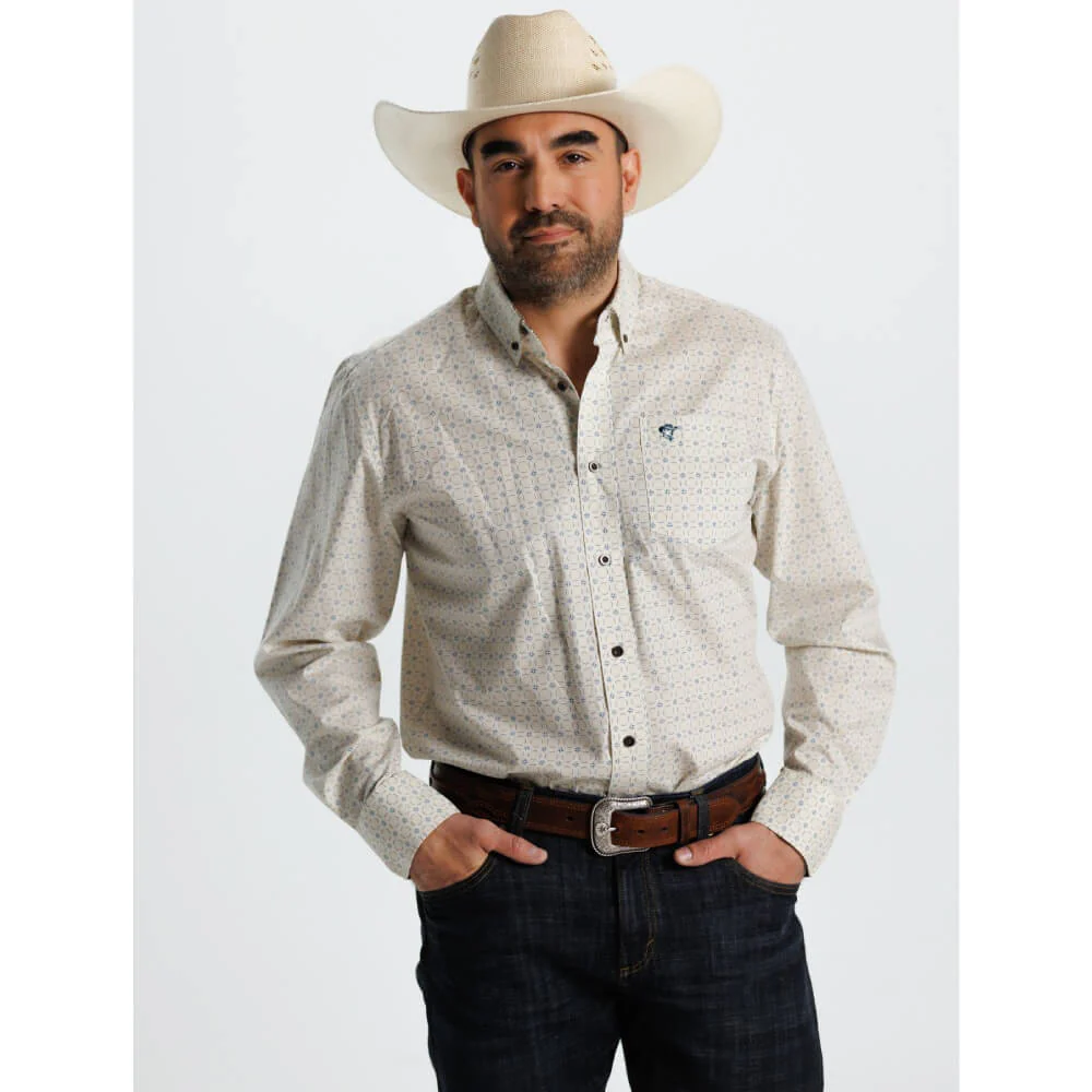 Starr Mens Printed Button Down Long Sleeve Shirt White/Blue Geo - SWPTBLS-400 - Image 2
