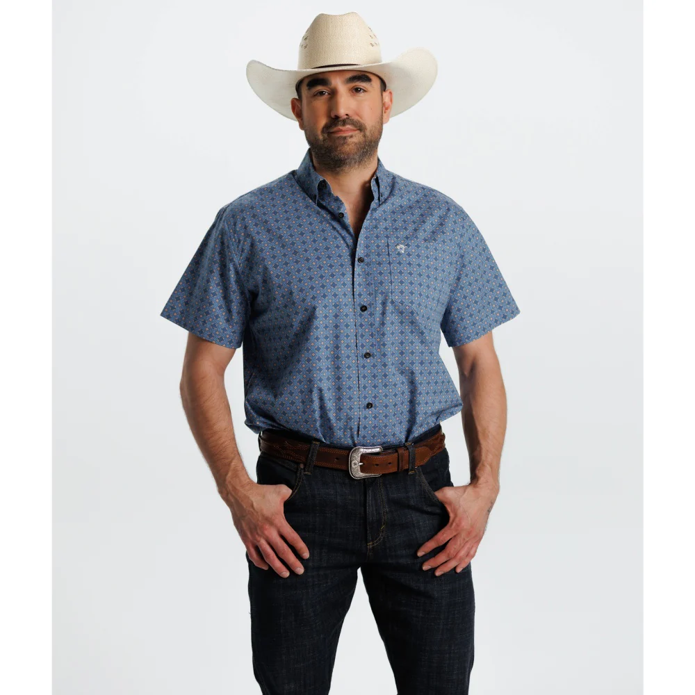 Starr Mens Printed Button Down Short Sleeve Shirt Blue/Brown Geo - SWPTBSS-402 - Image 2