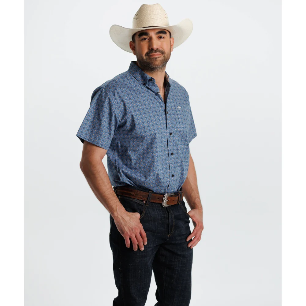 Starr Mens Printed Button Down Short Sleeve Shirt Blue/Brown Geo - SWPTBSS-402 - Image 3