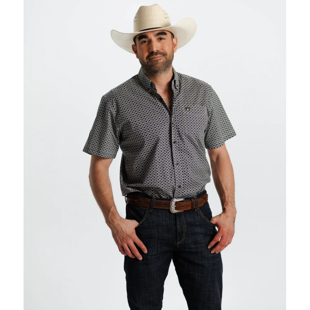 Starr Mens Printed Button Down Short Sleeve Shirt Blue Geo - SWPTBSS-405