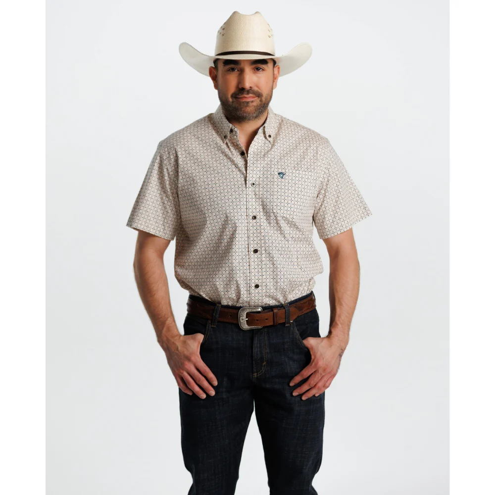 Starr Mens Printed Button Down Short Sleeve Shirt Cream/Blue Geo - SWPTBSS-410 - Image 2