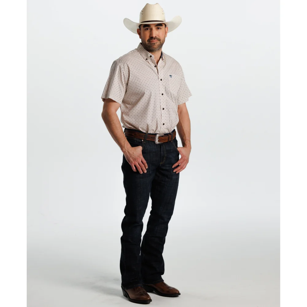 Starr Mens Printed Button Down Short Sleeve Shirt Cream/Blue Geo - SWPTBSS-410 - Image 5