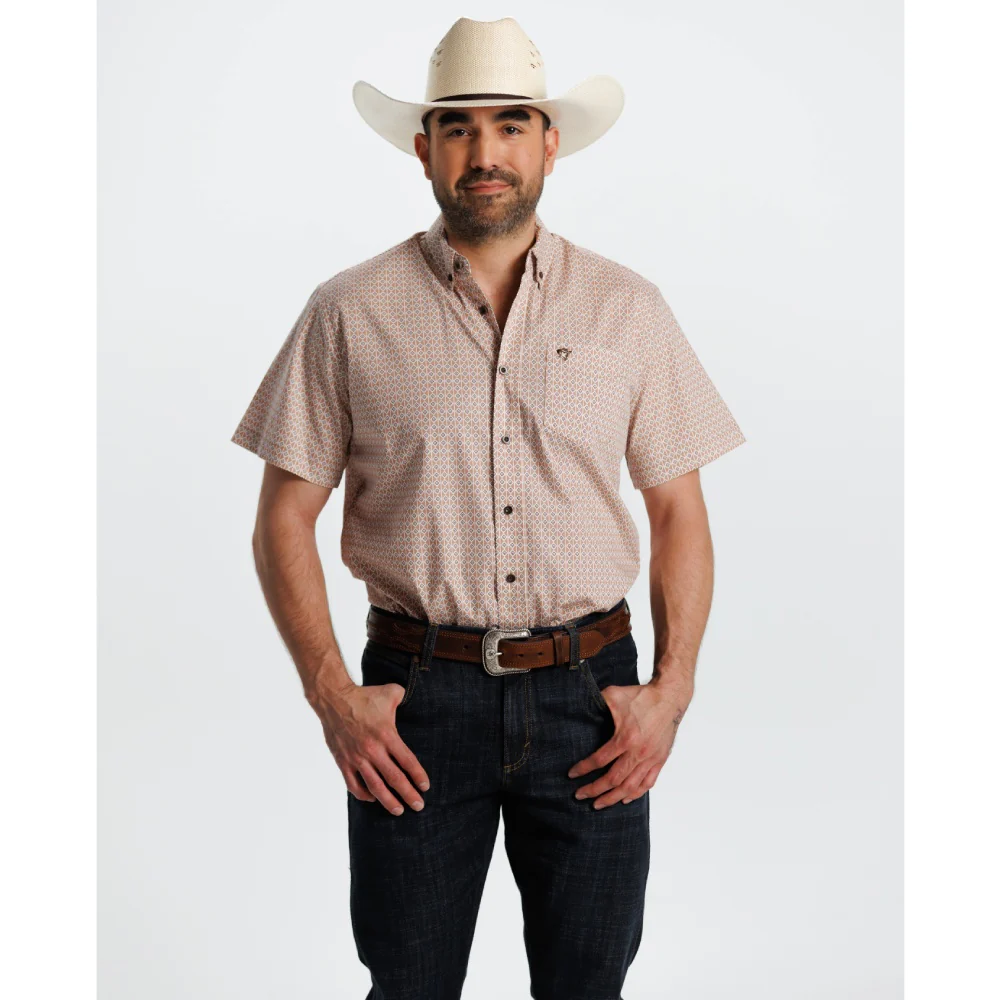 Starr Mens Printed Button Down Short Sleeve Shirt Light Brown Geo - SWPTBSS-407 - Image 2