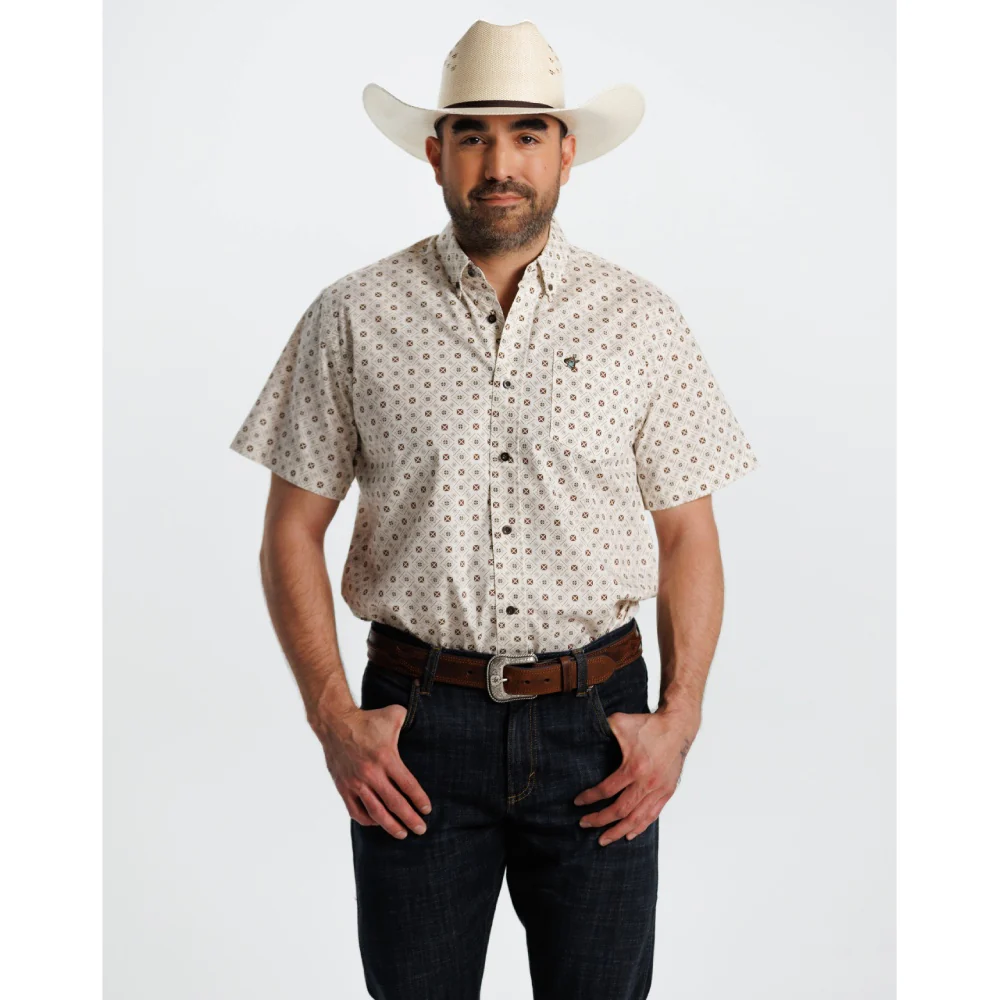 Starr Mens Printed Button Down Short Sleeve Shirt Tan Brown - SWPTBSS-408