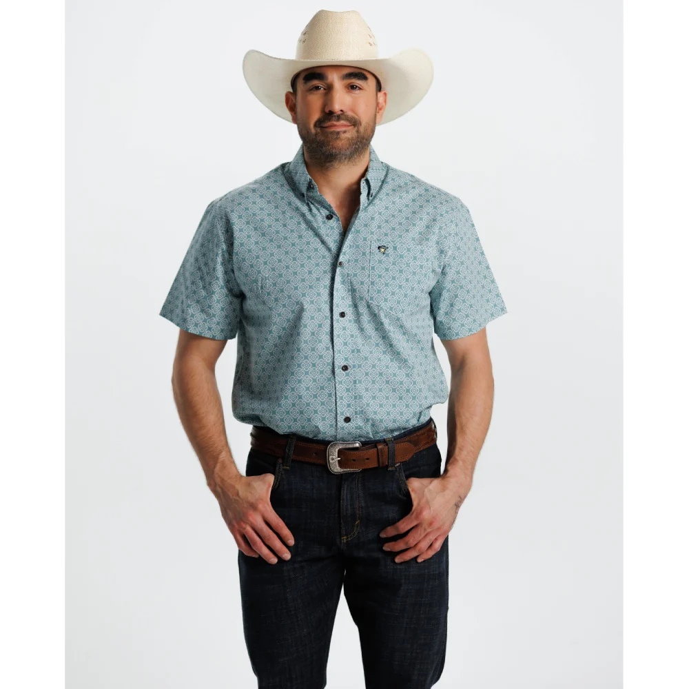 Starr Mens Printed Button Down Short Sleeve Shirt Teal Geo - SWPTBSS-409 - Image 2