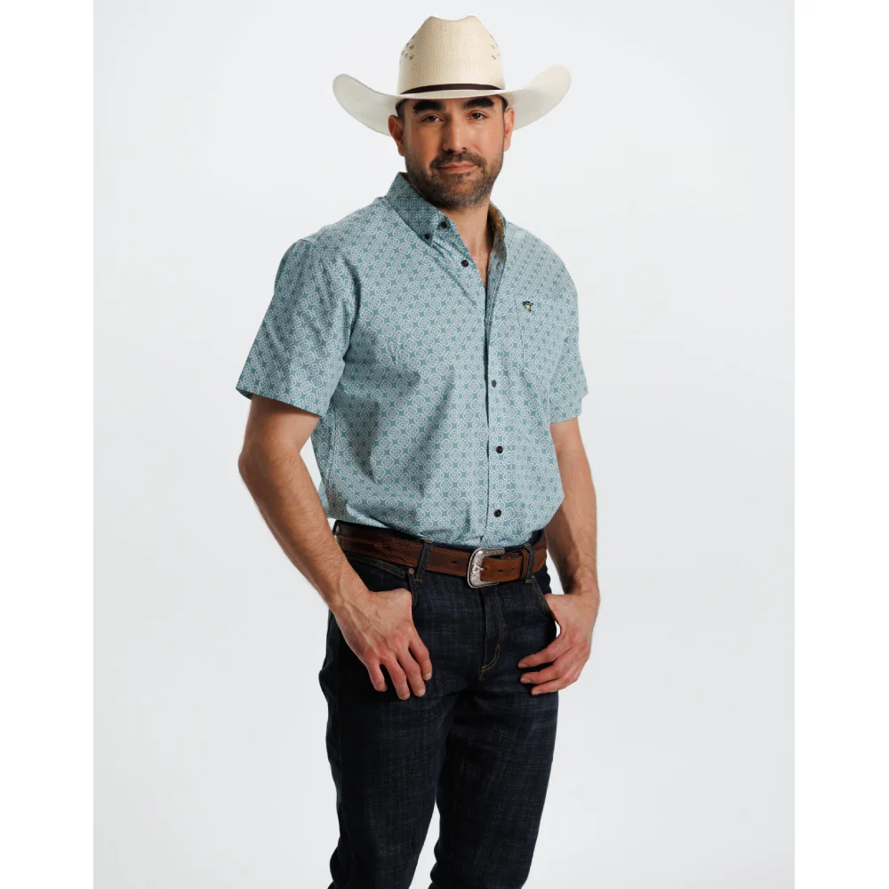 Starr Mens Printed Button Down Short Sleeve Shirt Teal Geo - SWPTBSS-409 - Image 3