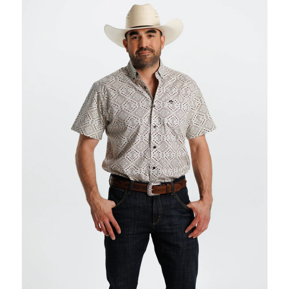 Starr Mens Printed Button Down Short Sleeve Shirt White/Beige Aztec - SWPTBSS-404 - Image 2