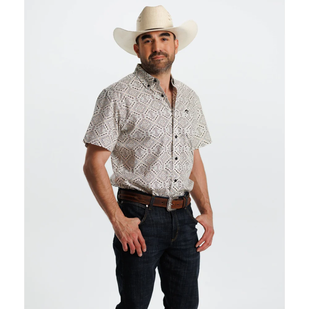 Starr Mens Printed Button Down Short Sleeve Shirt White/Beige Aztec - SWPTBSS-404 - Image 3