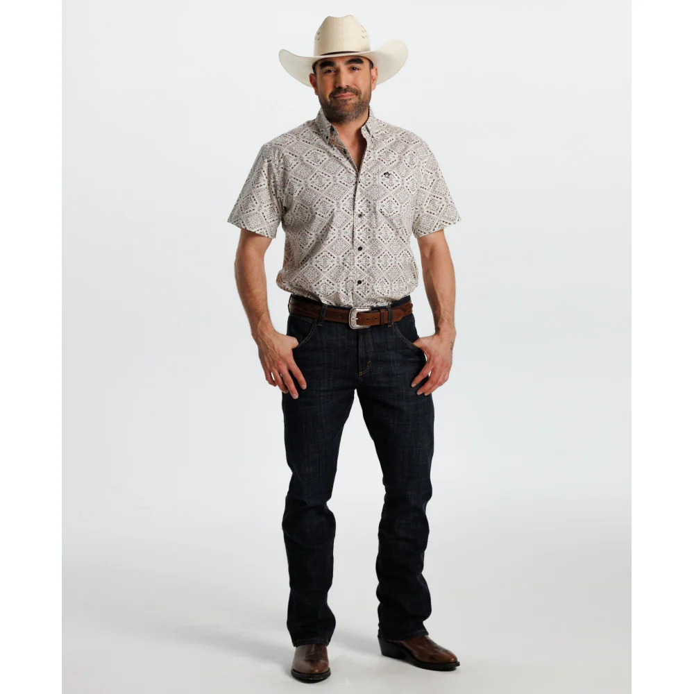 Starr Mens Printed Button Down Short Sleeve Shirt White/Beige Aztec - SWPTBSS-404 - Image 4