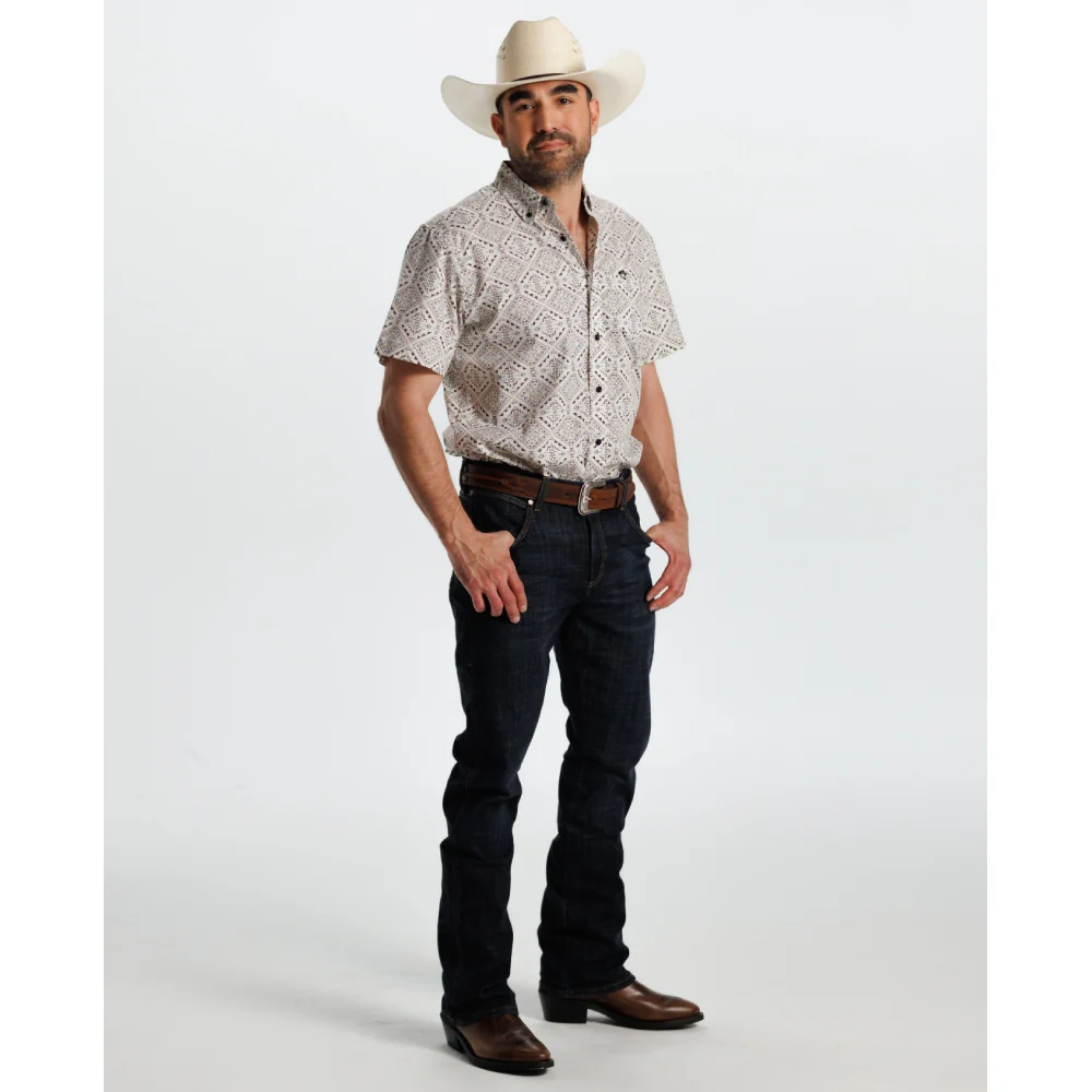 Starr Mens Printed Button Down Short Sleeve Shirt White/Beige Aztec - SWPTBSS-404 - Image 5