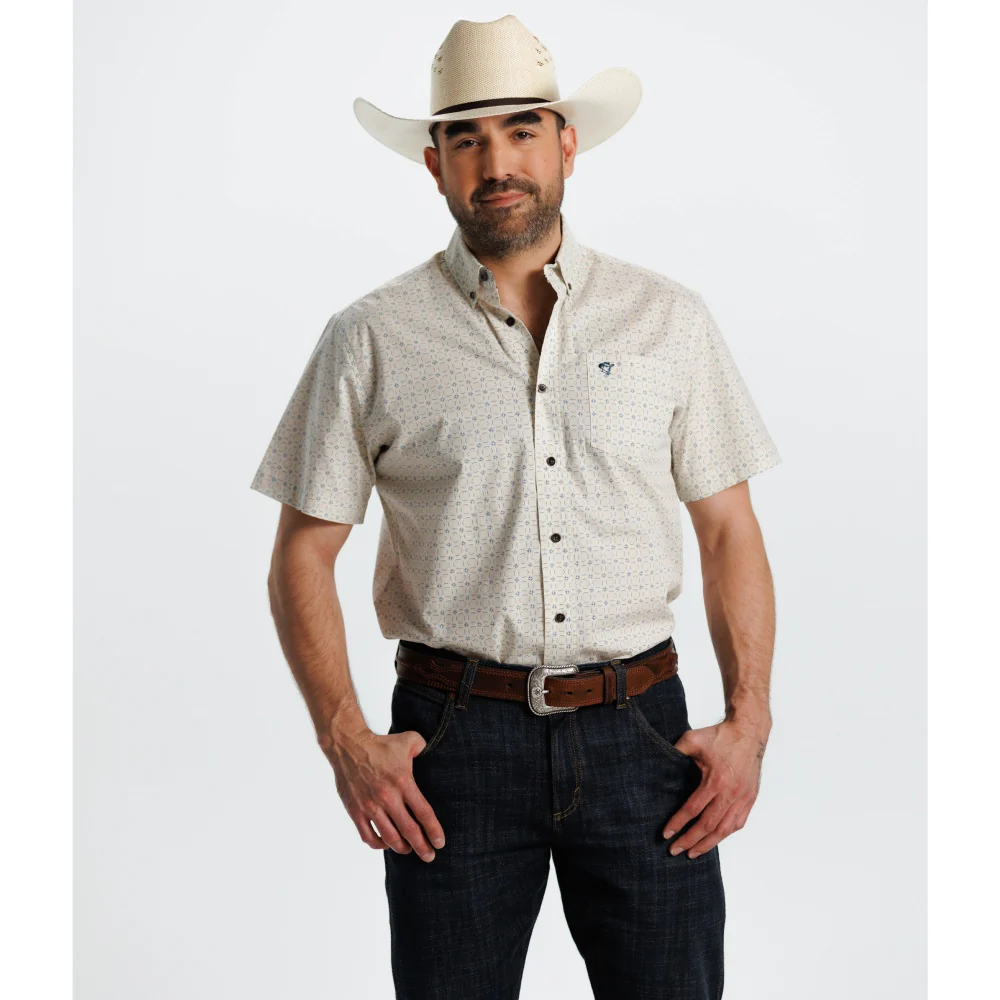 Starr Mens Printed Button Down Short Sleeve Shirt White/Blue Geo - SWPTBSS-400