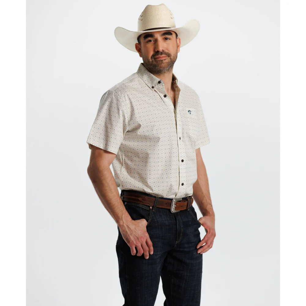 Starr Mens Printed Button Down Short Sleeve Shirt White/Blue Geo - SWPTBSS-400 - Image 2