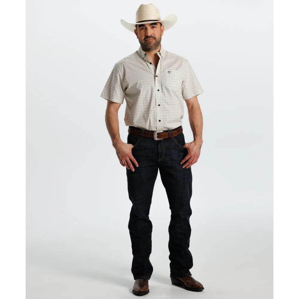 Starr Mens Printed Button Down Short Sleeve Shirt White/Blue Geo - SWPTBSS-400 - Image 3