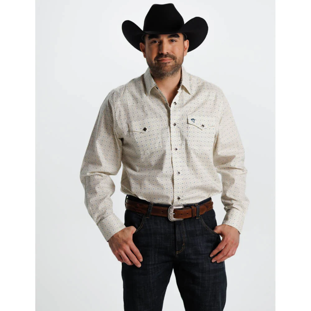 Starr Mens Printed Square Snap Long Sleeve Shirt White/Blue Geo - SWPTSLS-400 - Image 2