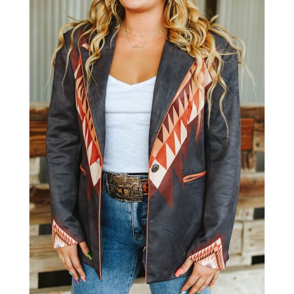 Sugar & Lace Womens Aztec printed Suede Lapel Blazer Black - SLJO376-BLK - Image 2