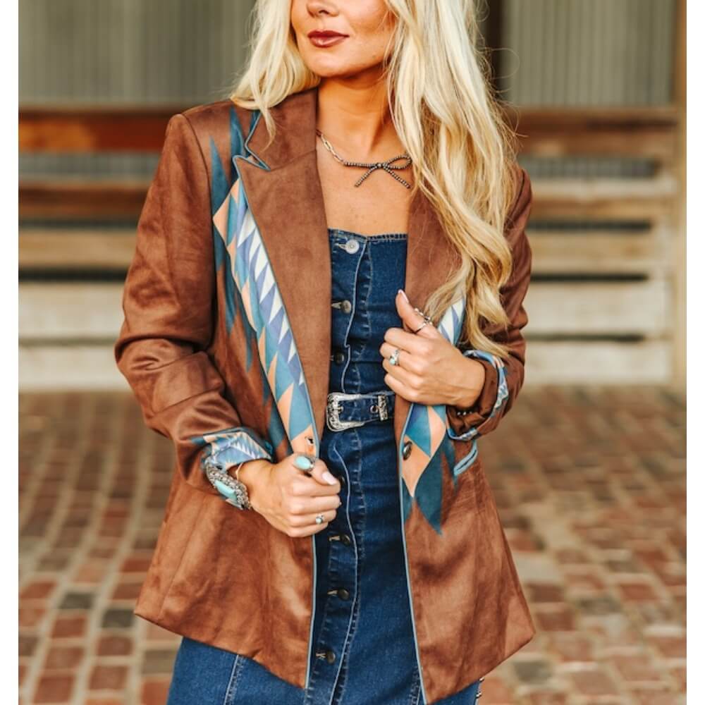 Sugar & Lace Womens Aztec Printed Suede Lapel Blazer Brown - SLJO376-BR