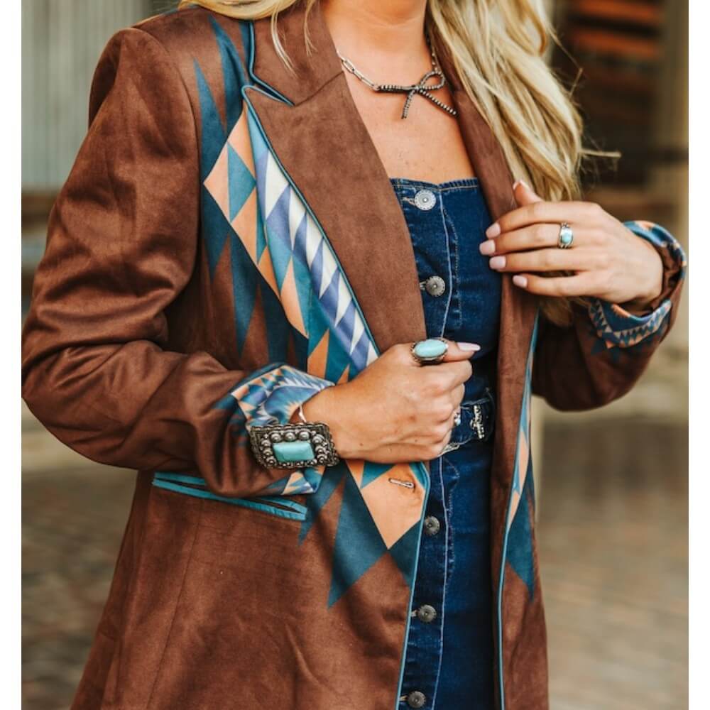 Sugar & Lace Womens Aztec Printed Suede Lapel Blazer Brown - SLJO376-BR - Image 3