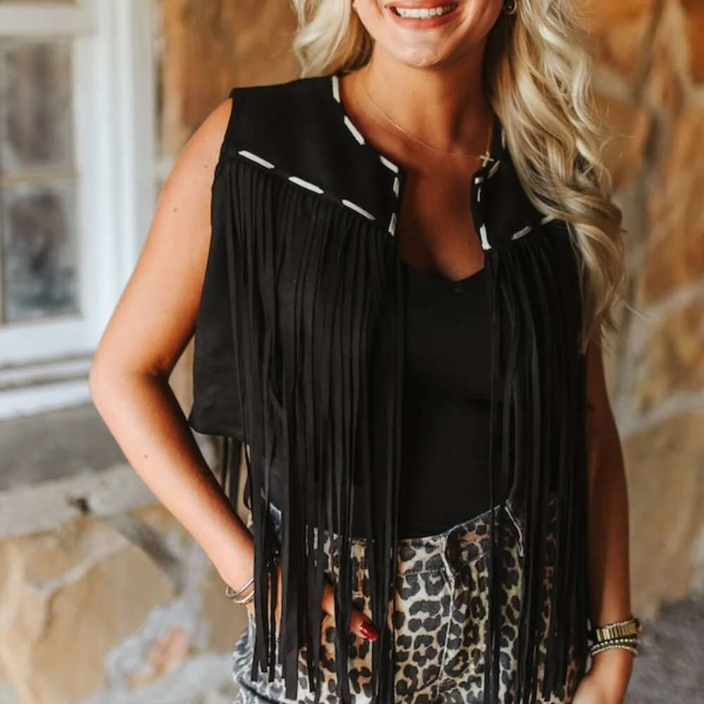 Lucky & Blessed Womens Buck-stitch Fringe Vest Black - V2094-BLK
