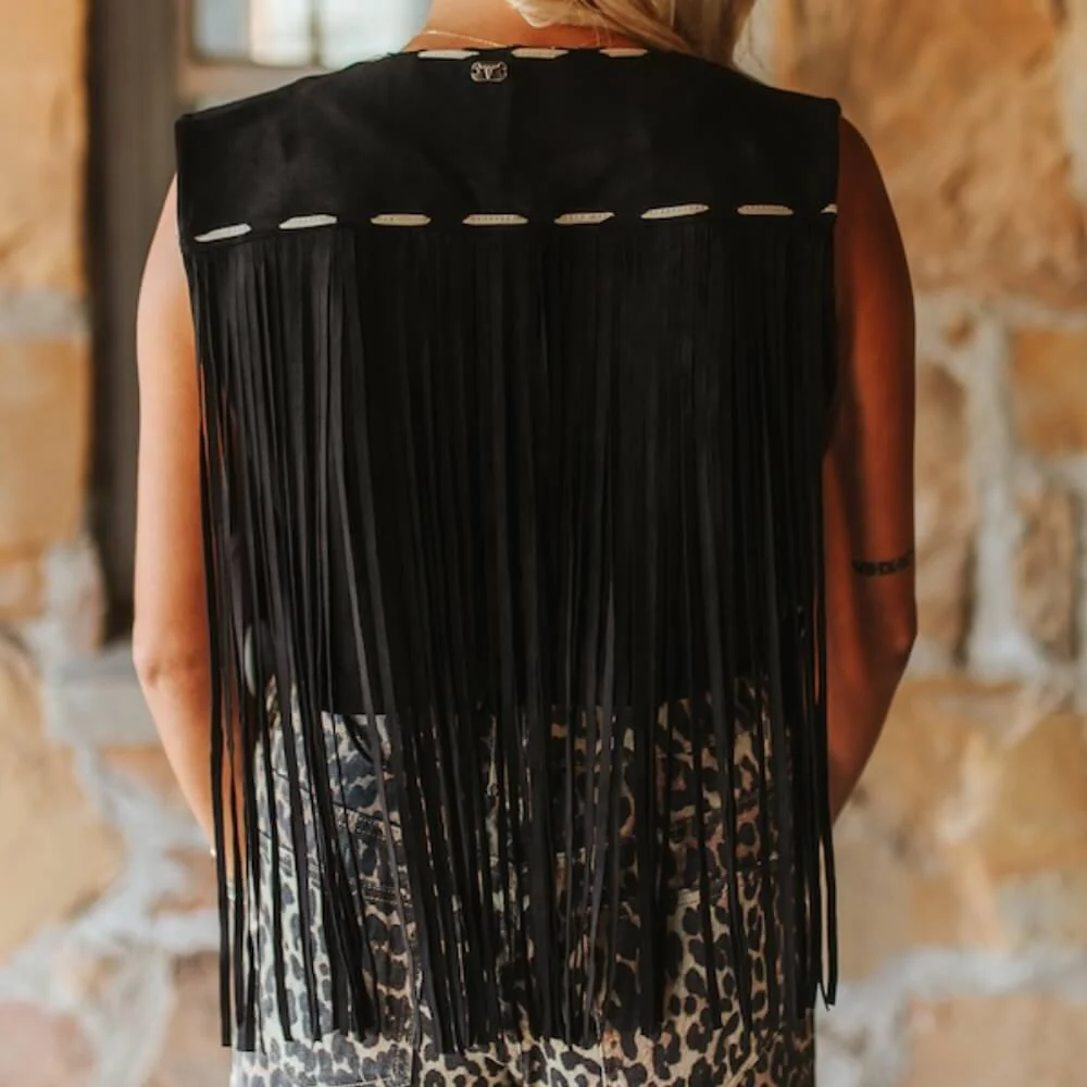 Lucky & Blessed Womens Buck-stitch Fringe Vest Black - V2094-BLK - Image 2